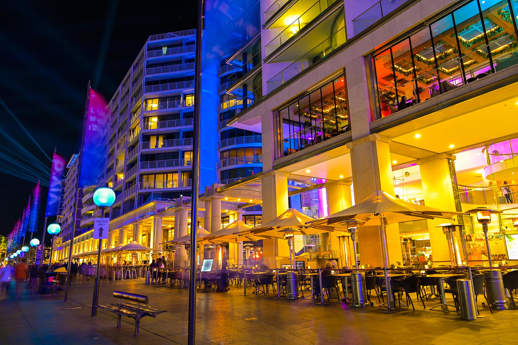Eastbank Cafe Restaurant – nighttime on Circular Quay promenade, Vivid Festival